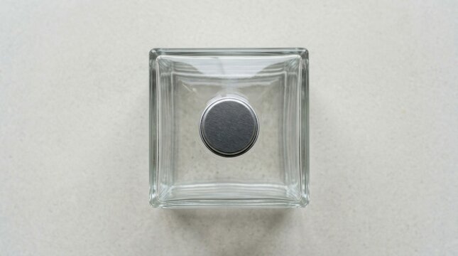 Square Glass Button with Dark Metal Center on Light Background, Minimalist Top-Down Close-Up for Design and Ui Mockups