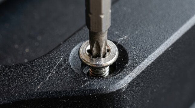 Screw Head Being Driven Into a Black Material with a Screwdriver Featuring Metal, Tool, Hardware with Close-Up and Macro Shot Elements for Driving