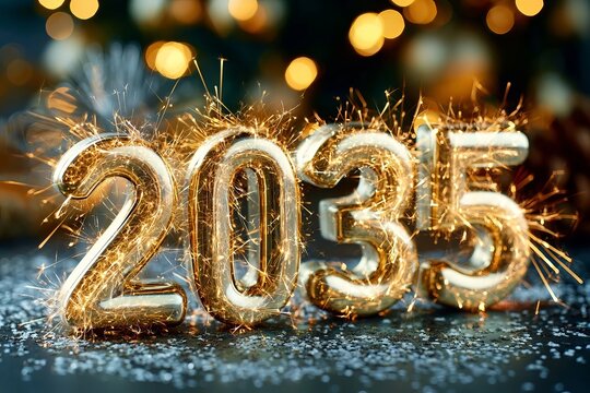 A festive gold balloon number 2035 with burning sparklers against a blurry glowing light background