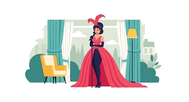 Elegant diva vector performing in a red gown on a vintage stage