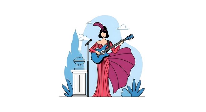 Glamorous music diva vector performing with guitar on stage