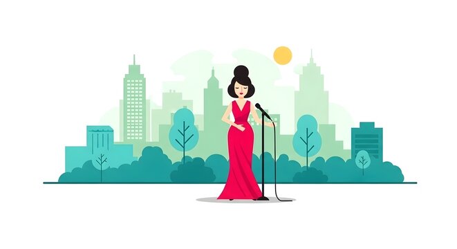 Elegant singer in red gown diva vector performing with city skyline