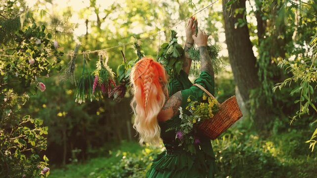 close-up woman hand putting bunches dried herbs into basket, elf girl dries medicinal herbs bouquets flowers plants for natural organic tea essential oil. green summer nature trees magic sun light.