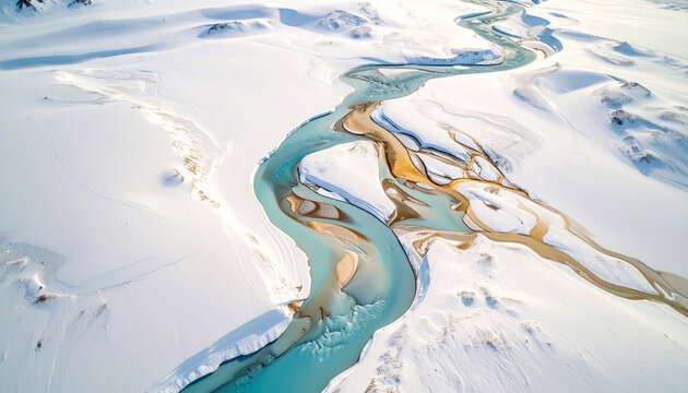 Abstrakte Luftaufnahme von oben auf eine schmelzende Gletscherzunge, milchige Wasserstr&ouml;me weben sich durch wei&szlig;e Schneefelder in softem Cyan und Cremet&ouml;nen, flie&szlig;end