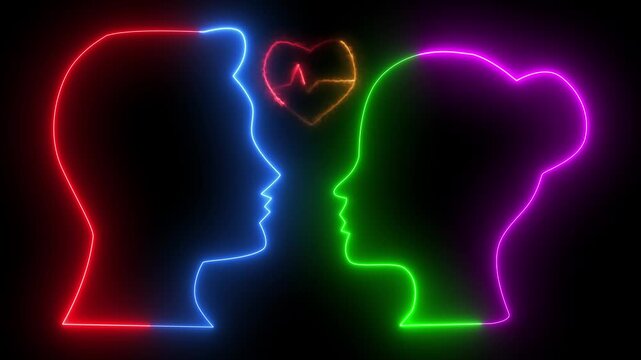 Happy propose day Neon Signs with Silhouettes of Lovers' Faces and Heart. neon couple man and woman icon Animation on black background. 4k animation.