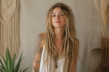 Fototapeta premium A young woman with long dreadlocks is posing indoors against a neutral background with dried grasses and plants.