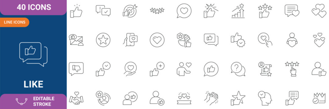 Like icon set. Like icon set containing thumbs up, favorite, liked,  appreciation, affirmative, validation and more. Outline Icon. Vector illustration. Editable stroke