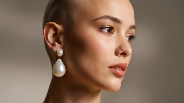 Bald woman with pearl earrings expressing elegance confidence