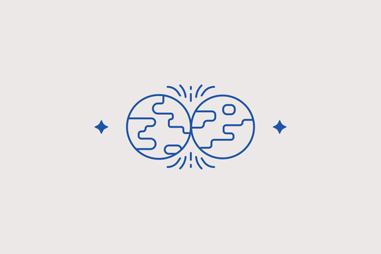 Two cosmic planets colliding in space line icon for astronomy blog. Dramatic vector illustration for science center, physics portal, sci-fi publication.