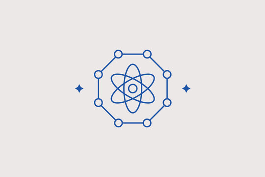 Physics atom structure with electrons orbiting nucleus line icon for educational portal. Precise vector illustration for science laboratory, chemistry course, research center.