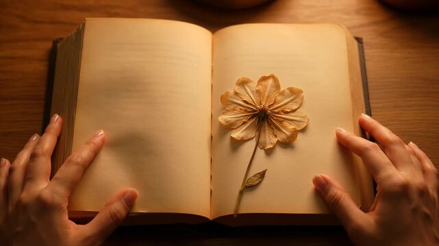 Book with dried flower on wooden table