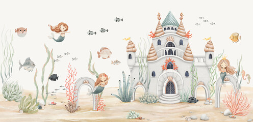 Underwater castle and cute mermaids on seabed decoration of colorful fishes, seaweeds, corals, seashells, starfishes. Watercolor template for childish mural, wallpaper, aquarium landscape or poster. © Nikole