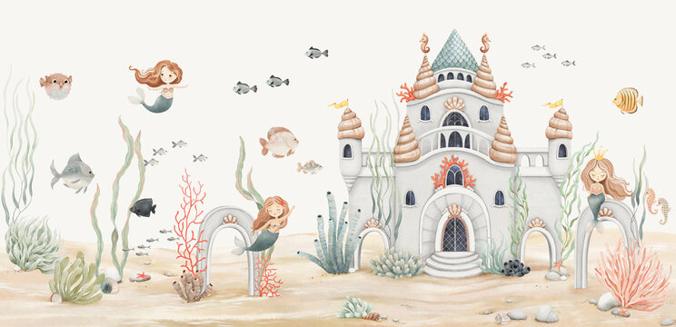 Underwater castle and cute mermaids on seabed decoration of colorful fishes, seaweeds, corals, seashells, starfishes. Watercolor template for childish mural, wallpaper, aquarium landscape or poster.