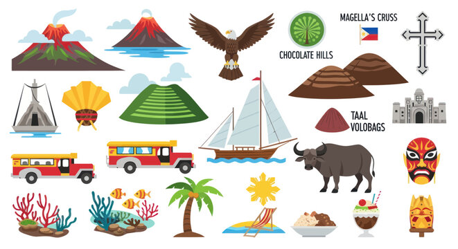 Philippines travel symbols including volcanoes jeepneys and wildlife