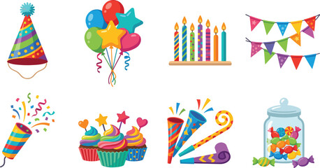 Fototapeta premium Colorful Birthday Party Celebration Icon Set with Balloons Cupcakes Candles Confetti Candy and Festive Decorations Vector Collection