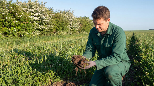 Farmer Inspecting Living Soil Beside Diverse Cover Crop Field