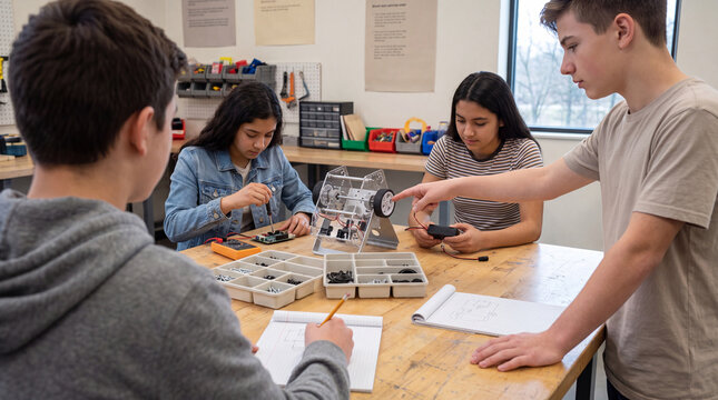 Robotics Club Students Troubleshooting Classroom Build At Shared Table