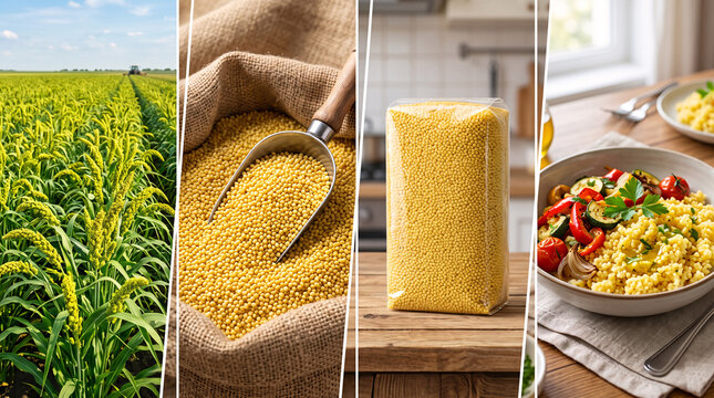 Millet production infographic collage with green agricultural field grains in sack package and fresh salad