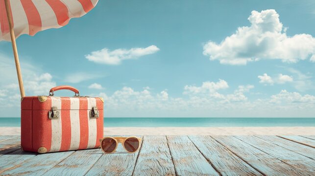 Vintage striped suitcase and stylish sunglasses resting on rustic blue wooden planks under a bright sunlit beach umbrella summer scene