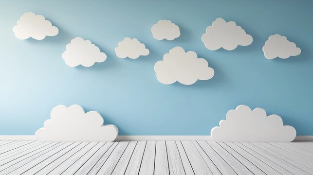 Cartoon blue wall with fluffy clouds and wooden floor stage background for children's display