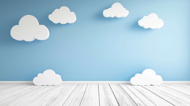 Cartoon blue wall with fluffy clouds and wooden floor stage background for children's display