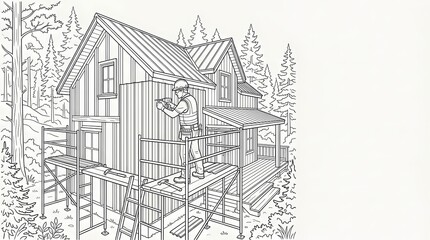 Naklejka premium Construction of a cabin in the woods: A person in safety gear is working on the exterior of a rustic wooden cabin surrounded by trees, using scaffolding for access.