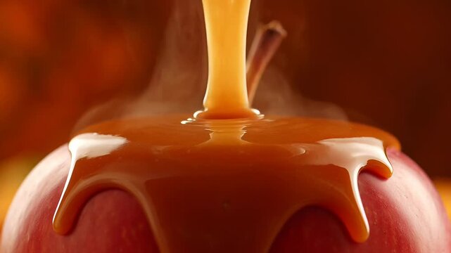 Caramel dripping close-up with warm autumn background