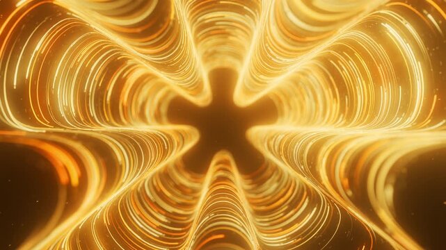 Golden Data Flower Opens With Radial Light Trails Around A Dark Star Shaped Center.