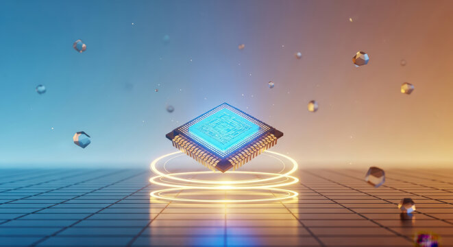 Computer processor chip floating over a glowing light grid