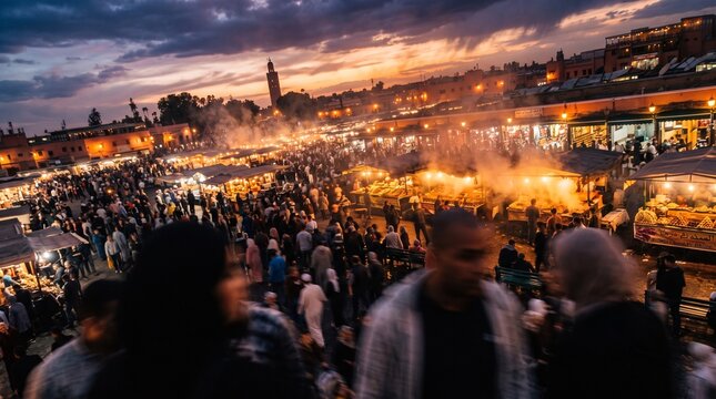 Jemaa el Fnaa Square at Sunset filled with People and Food Stalls in Marrakesh Morocco