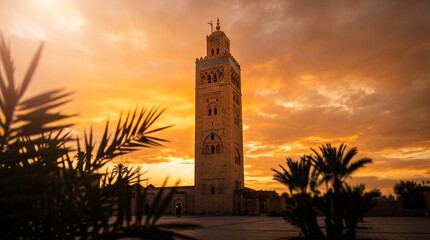 Obraz premium Scenic View of Famous Landmark Koutoubia Tower during Golden Hour