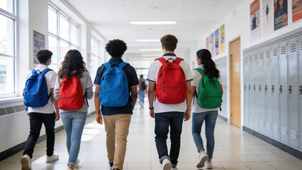 Obraz premium Diverse students walking through a bright school hallway with backpacks between classes.