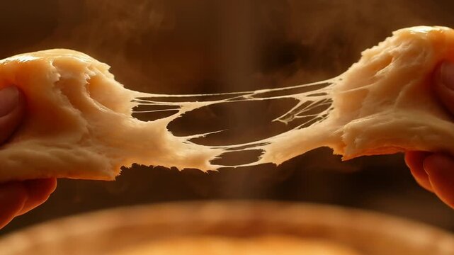 Steaming hot stretchy bread being pulled apart