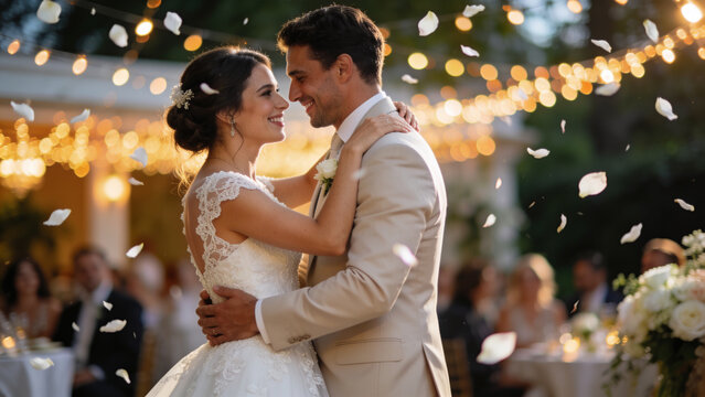 Bride and groom sharing a romantic first dance at an outdoor wedding reception beneath glowing string lights.