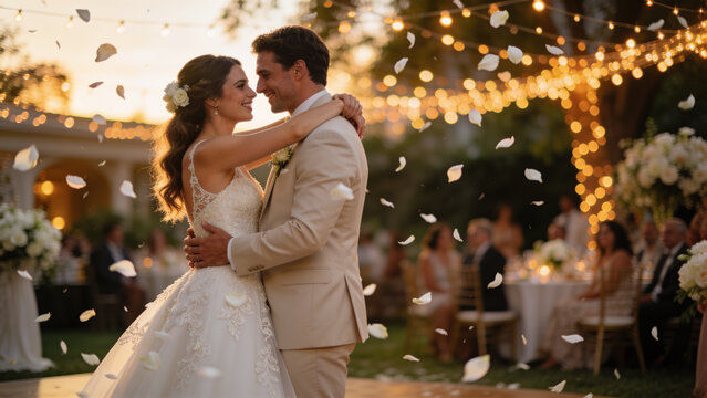 Bride and groom sharing a romantic first dance at an outdoor wedding reception beneath glowing string lights.