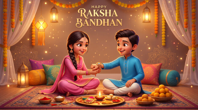 Brother and Sister Celebrating Raksha Bandhan with Traditional Rakhi Ceremony for Festival Greeting Banner