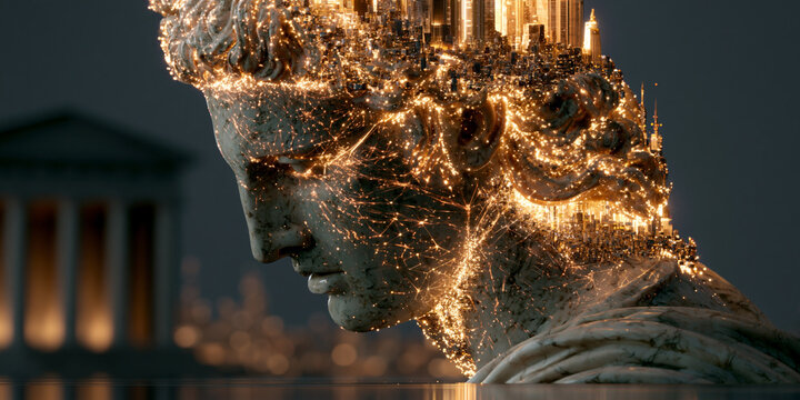 apollo reimagined as modern visionary architecture in golden light, apollo and creativity a new mythology of power and knowledge, golden age apollo symbolism of transformation and artistic vision