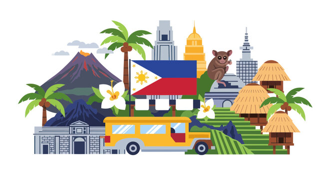 Philippines landmarks and cultural symbols featuring a yellow jeepney