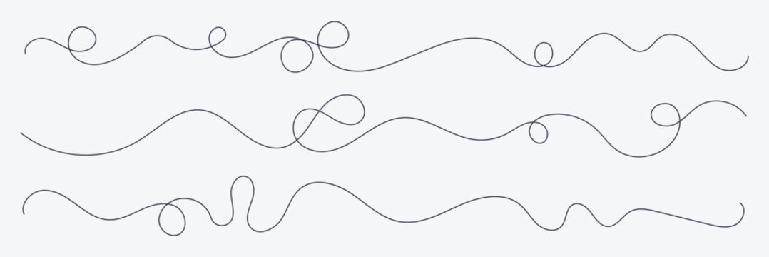 Long wavy thread set. Hand drawn vector swirls and dividers. Curls abstract scribble. Minimal black lines. Simple vintage elements isolated on white background. Vector illustration. Editable stroke .