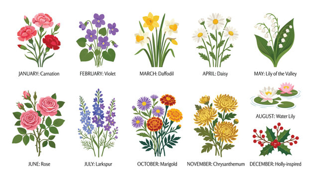 Birth Month Flowers Flat Vector Collection with Monthly Botanical Blossoms and Floral Calendar Illustration Isolated on White Background
