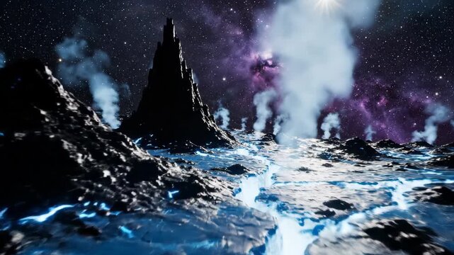 Alien planetary landscape with volcanic peaks emitting smoke and fissures glowing blue. Cosmic environment with starry nebula background for science fiction scene