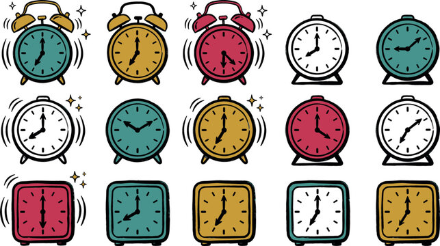 Colorful alarm clock vector set with retro ringing bells round and square watch faces showing different times isolated on white background