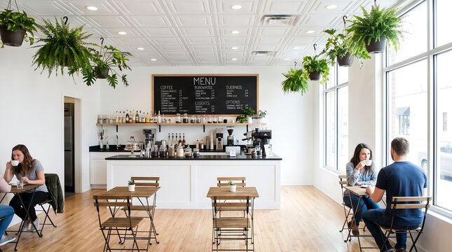 Modern coffee shop interior with people sitting at tables and a menu board on wall