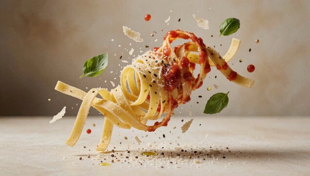 Dish tagliatelle pasta tossed air long thin covered red sauce chunks tomato grated parmesan cheese there basil