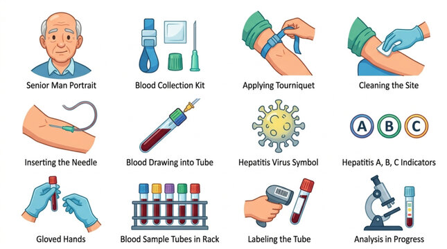 Medical blood test illustrations showing different procedures and equipment.