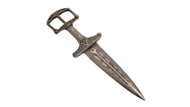 Sharp metallic medieval dagger knife warrior weapon isolated on a transparent background