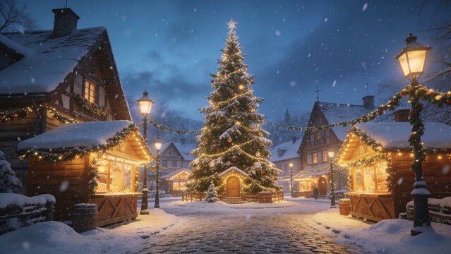 Snow-covered Christmas village with a beautifully illuminated Christmas tree, creating a magical winter holiday scene filled with festive charm and seasonal warmth.