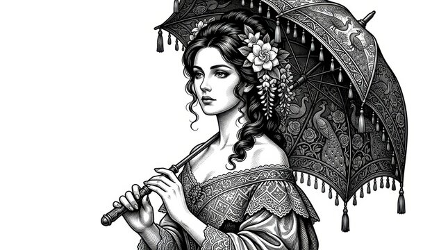 An elegant fictional Victorian woman gracefully holding a floral parasol while wearing an ornate off-the-shoulder gown adorned with intricate lace, embroidery, and period-inspired details. 