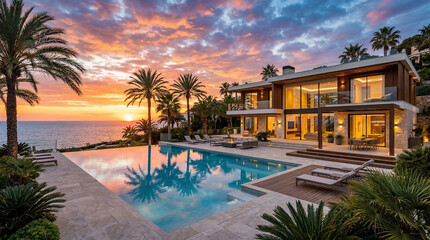 Fototapeta premium Luxury Coastal Villa at Sunset: A magnificent modern villa with an infinity pool overlooks the ocean as the sun sets, casting a warm, golden glow over palm trees and the tranquil waters.