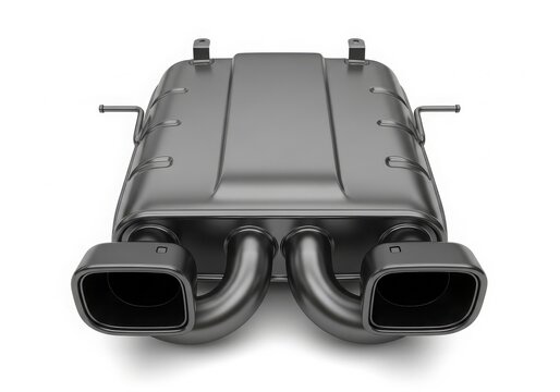 High-performance dual exhaust system with black metallic finish and heat shield isolated on white background